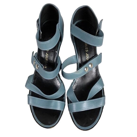 VINTAGE CHARLES JOURDAN Blue Leather Sandals Block Heels Italy 7.5 AA Narrow EUC - Picture 1 of 8